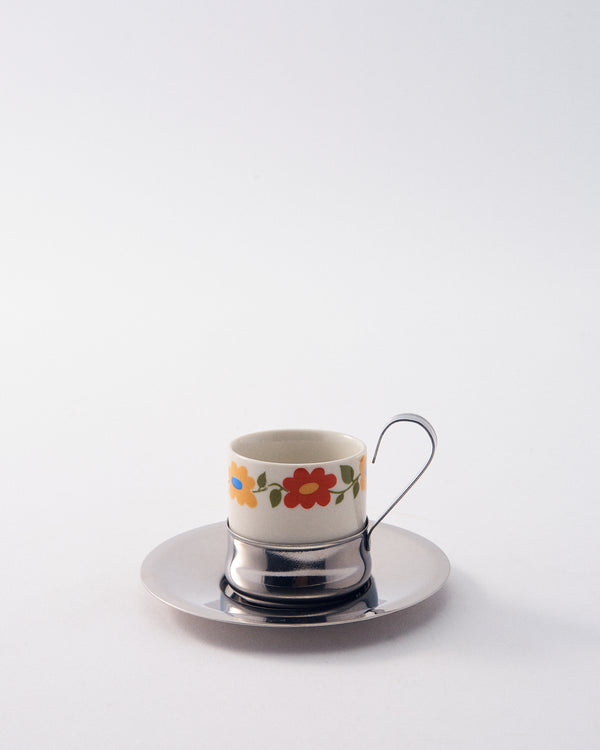 1960s Italian Flower Porcelain & Stainless Steel Demitasse Set