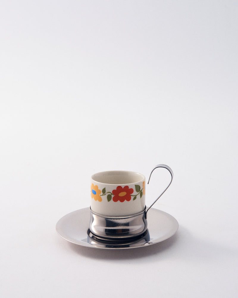 Italian Mod Flower Porcelain & Silver Demitasse Cup & Saucer