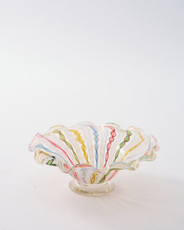 1960s Murano Twisted Pastel Ribbons/White Latticino Dish Medium Size