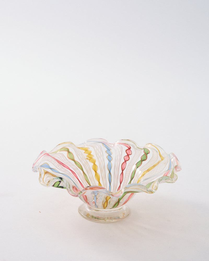 1960s Murano Twisted Pastel Ribbons/White Latticino Dish Medium Size