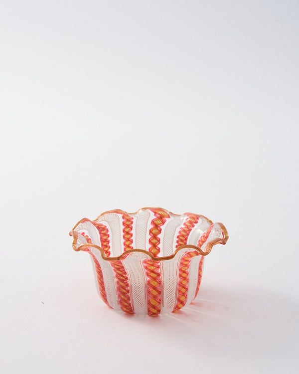 Early 20th Century Murano Latticino Ruffle Bowl - Coral, Yellow, & White
