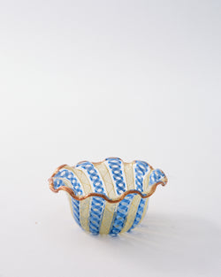 Early 20th Century Murano Latticino Ruffle Bowl - Blue & Yellow
