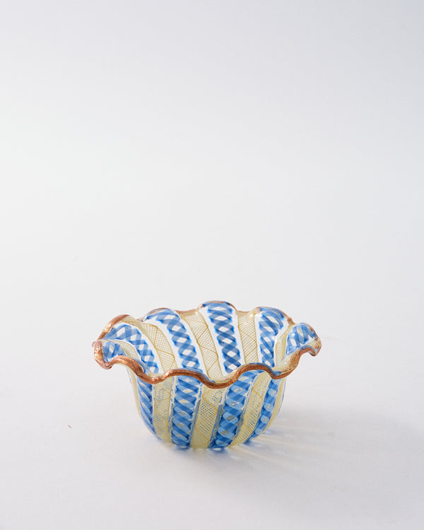 Early 20th Century Murano Latticino Ruffle Bowl - Blue & Yellow