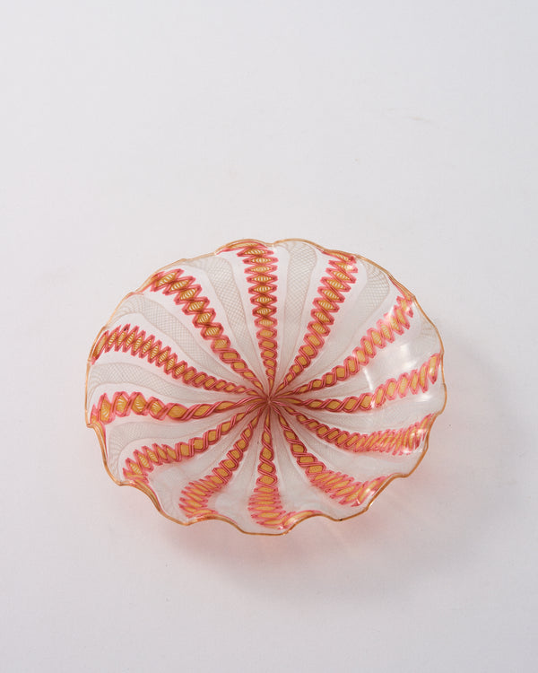 Early 20th Century Murano Latticino Ruffle Saucer - Coral, Yellow, & White