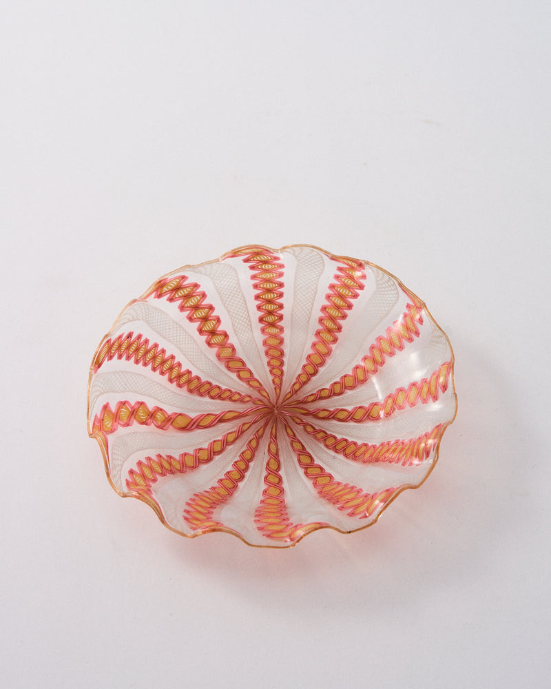 Early 20th Century Murano Latticino Ruffle Saucer - Coral, Yellow, & White
