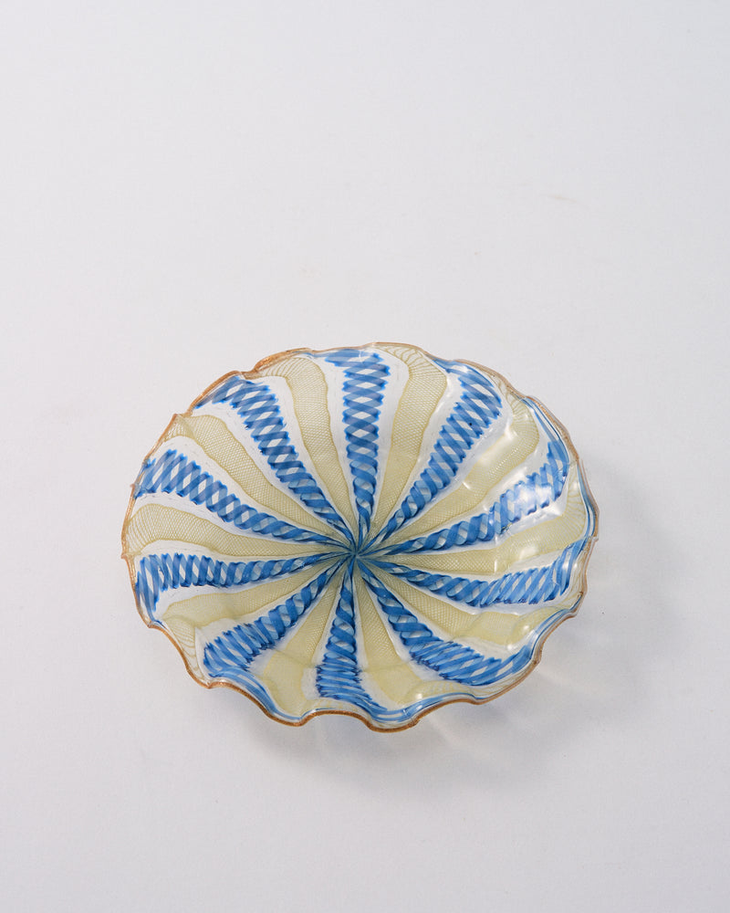 Early 20th Century Murano Latticino Ruffle Saucer - Blue & Yellow