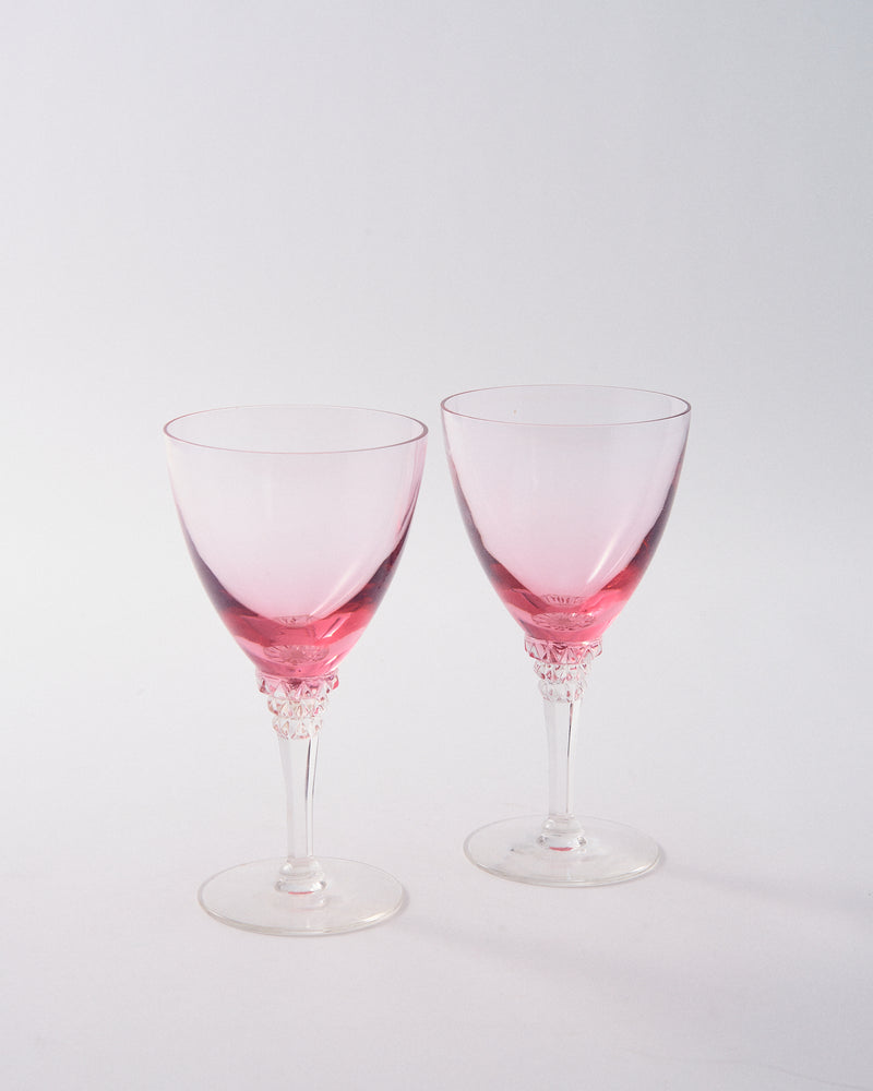Cerise Pink Faceted Stem Wine Glass