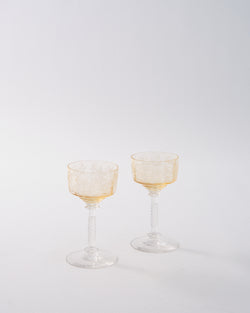 Rare 1930s Topaz Etched Ripple Mini Cocktail Coupe Glass with Faceted Stem
