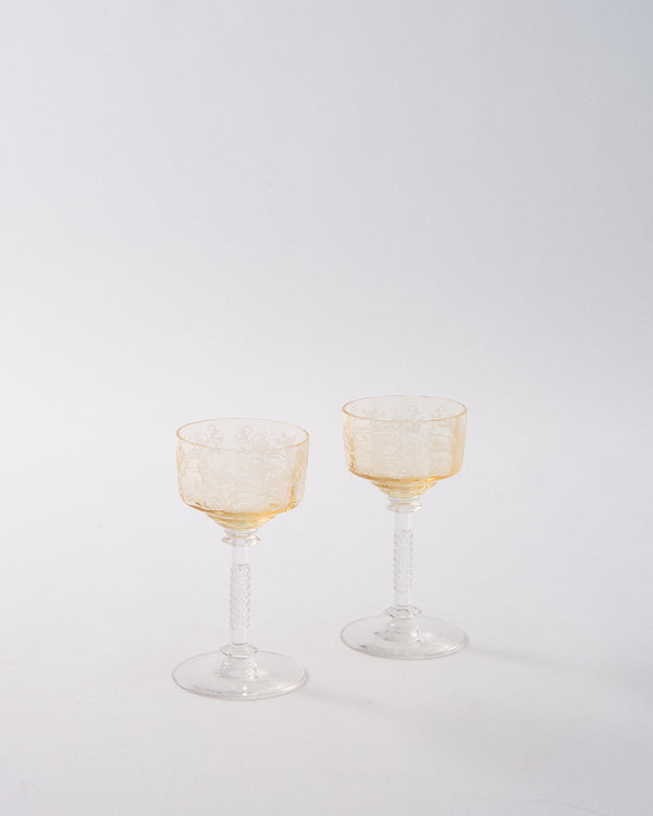 Rare 1930s Topaz Etched Ripple Mini Cocktail Coupe Glass with Faceted Stem