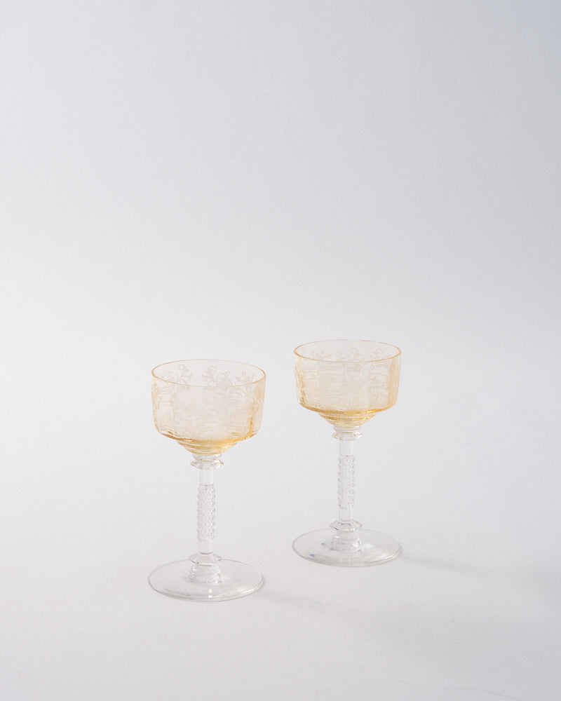 Rare 1930s Topaz Etched Ripple Mini Cocktail Coupe Glass with Faceted Stem