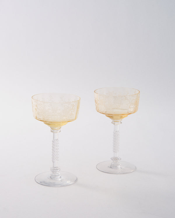 Rare 1930s Topaz Etched Ripple Cocktail Coupe Glass with Faceted Stem