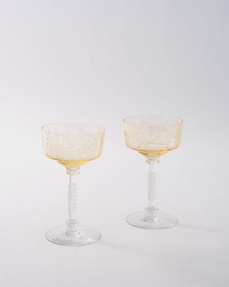 Rare 1930s Topaz Etched Ripple Cocktail Coupe Glass with Faceted Stem