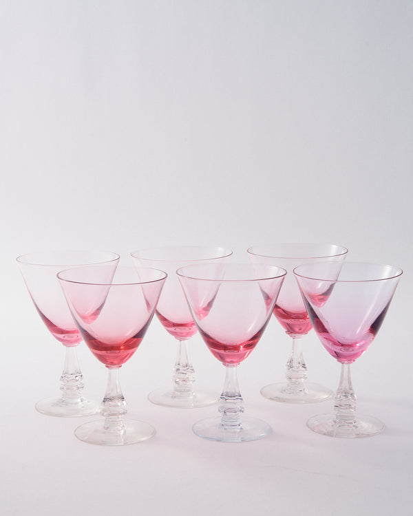 1950s Cerise Pink Wine Goblet Set of Six