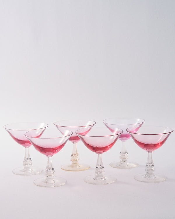 1950s Cerise Pink Crystal Cocktail Glass Set of Six