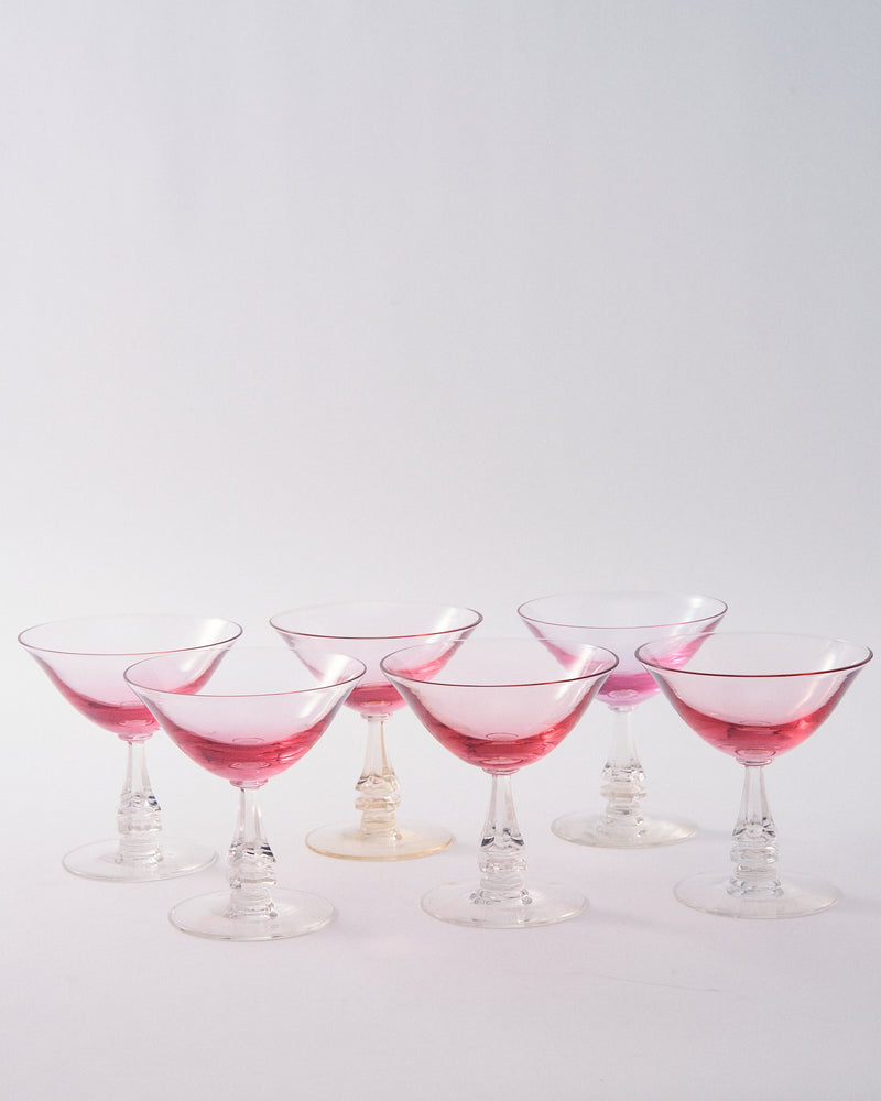 1950s Cerise Pink Crystal Cocktail Glass Set of Six
