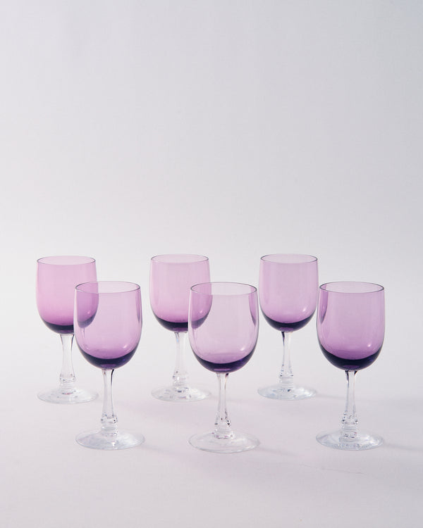 1950s American Violet Faceted Stem Petite Wine Glass Set of Six