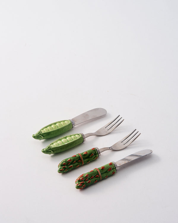 Japanese Ceramic Asparagus & Peapod Spreader Knife & Fork Set