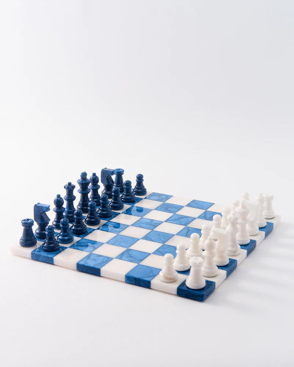 Lapis Blue/White Large Italian Alabaster Chess Set