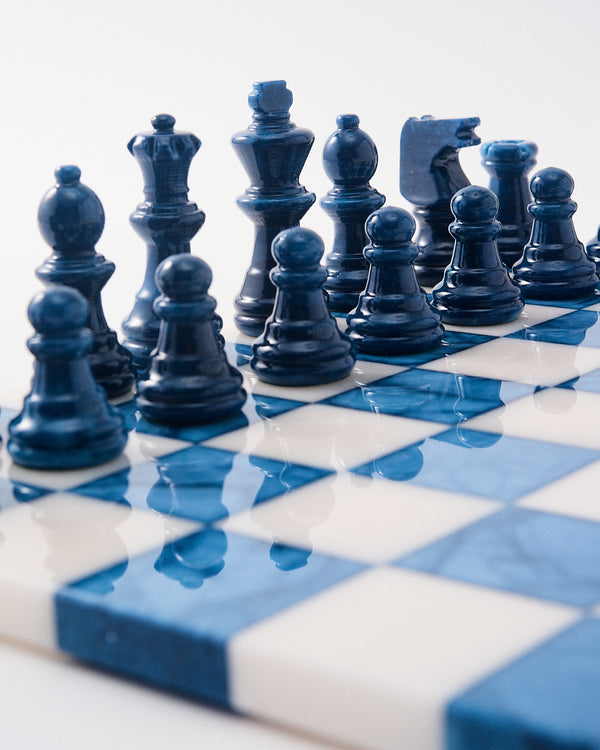 Lapis Blue/White Large Italian Alabaster Chess Set