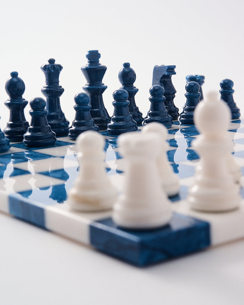 Lapis Blue/White Large Italian Alabaster Chess Set