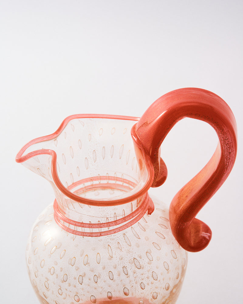 1980s Murano Flame Orange & Gold Bullicante Pitcher