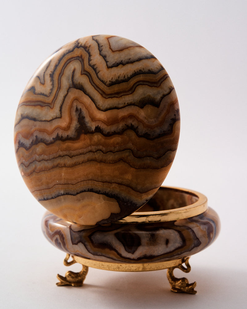 1960s Italian Camel Onyx Round Jewelry Box
