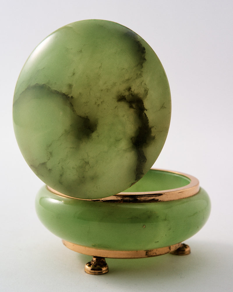 Italian Mint Green Alabaster Jewelry Pot with Brass Feet