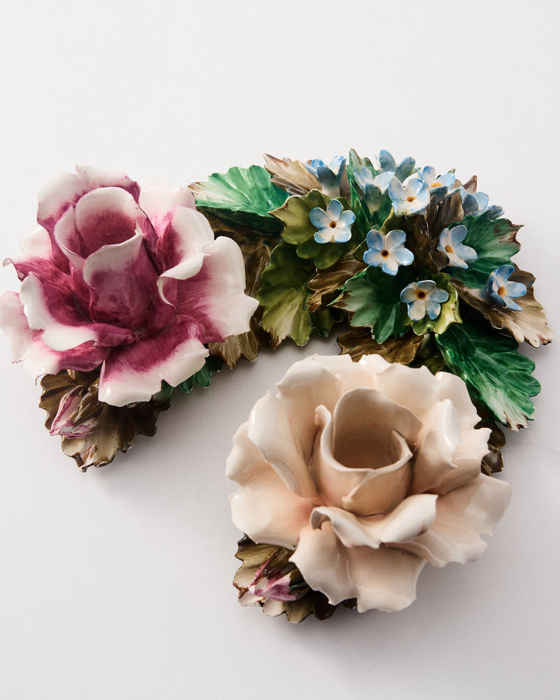 1950s Capodimonte Italian Hand-painted Rose Candle Holder