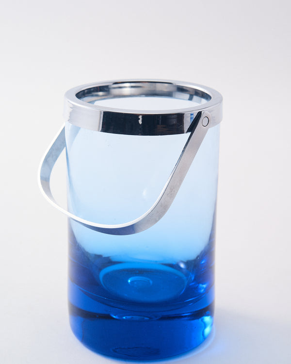 1970s Italian Capri Blue Tall Glass & Ice Bucket Set of Eight Pieces