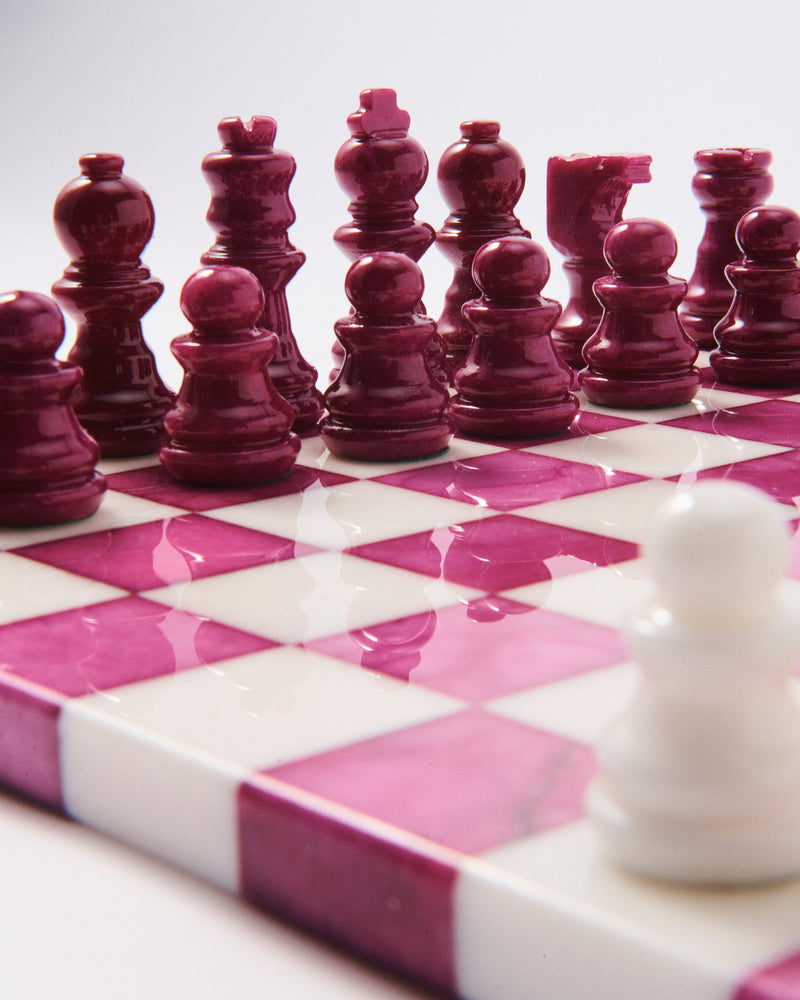 Magenta/White Large Italian Alabaster Chess Set