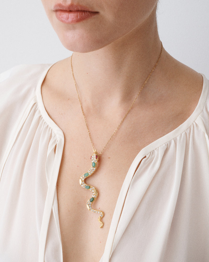 24kt Gold Plate Emerald Ruby and Swarovski Crystal Snake Necklace
