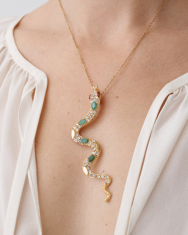 24kt Gold Plate Emerald Ruby and Swarovski Crystal Snake Necklace