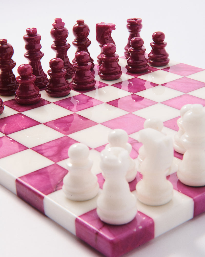 Magenta/White Large Italian Alabaster Chess Set