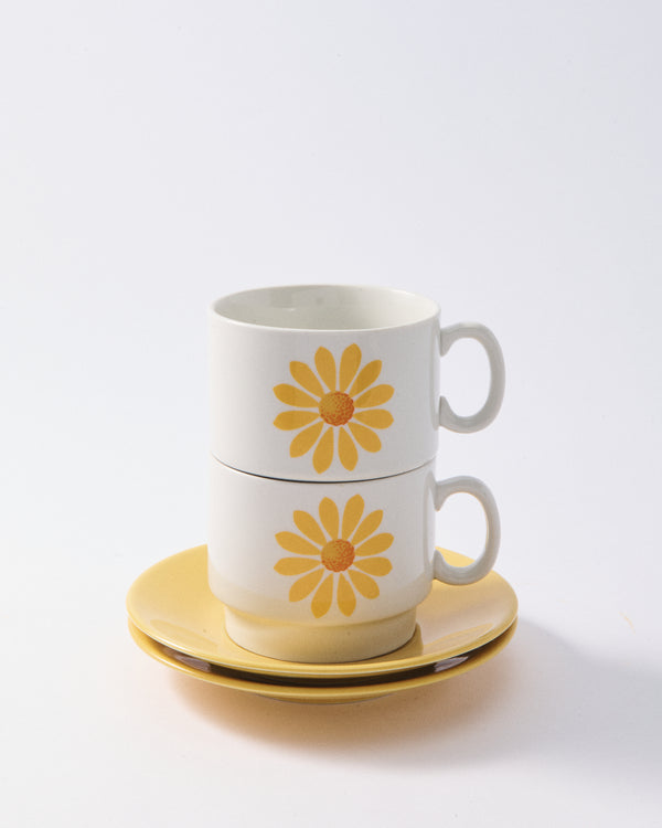 1960s Yellow Sunflower Coffee Cup & Saucer Set of Two