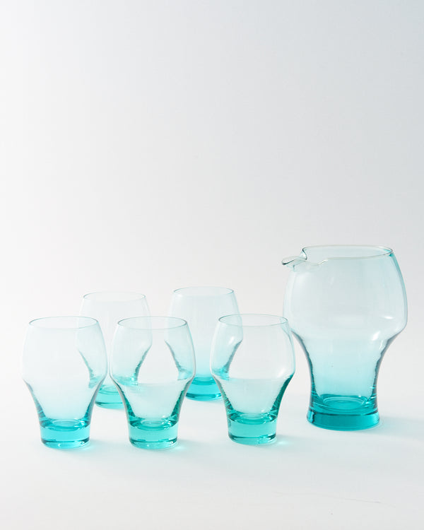 1960s Japanese Aqua Blue Margarita Pitcher Set of Six Pieces