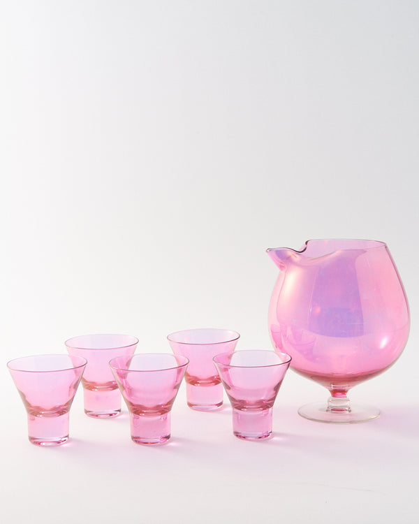 1960s Iridescent Pink Pitcher Set of Six Pieces