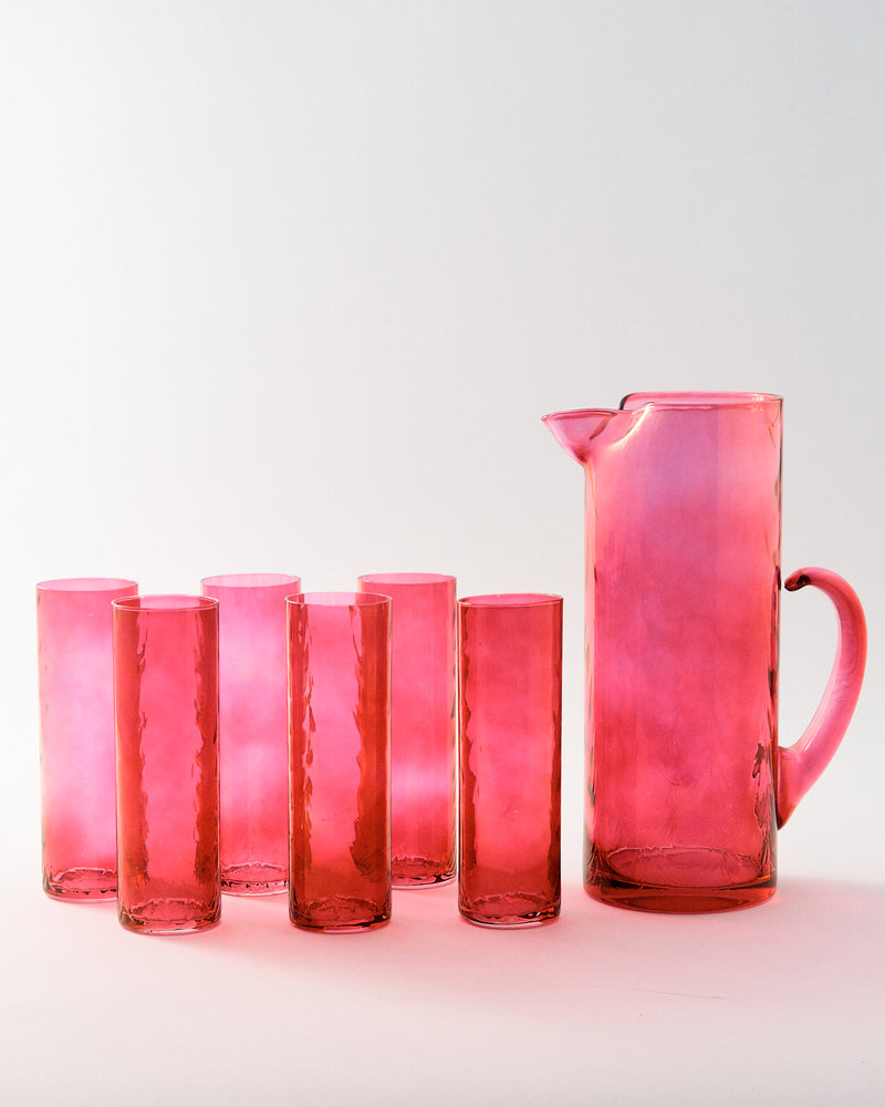 1960s Iridescent Hot Pink Pitcher Set of Seven Pieces