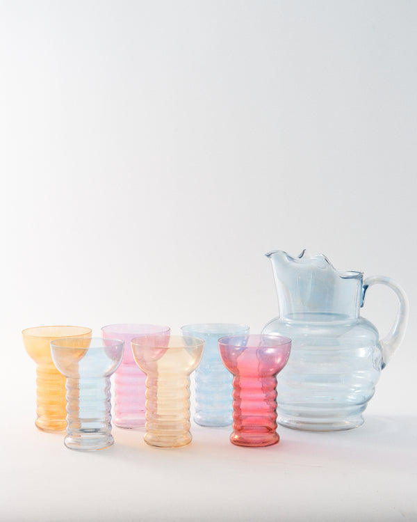 1930s Ribbed Iridescent Pitcher Set of Seven Pieces