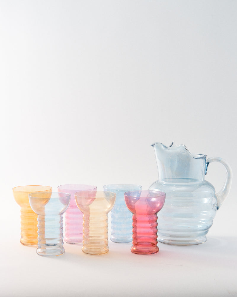 1930s Ribbed Iridescent Pitcher Set of Seven Pieces