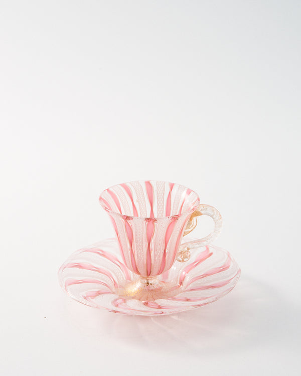 1960s Murano Pink Ribbon/White Latticino Teacup Set