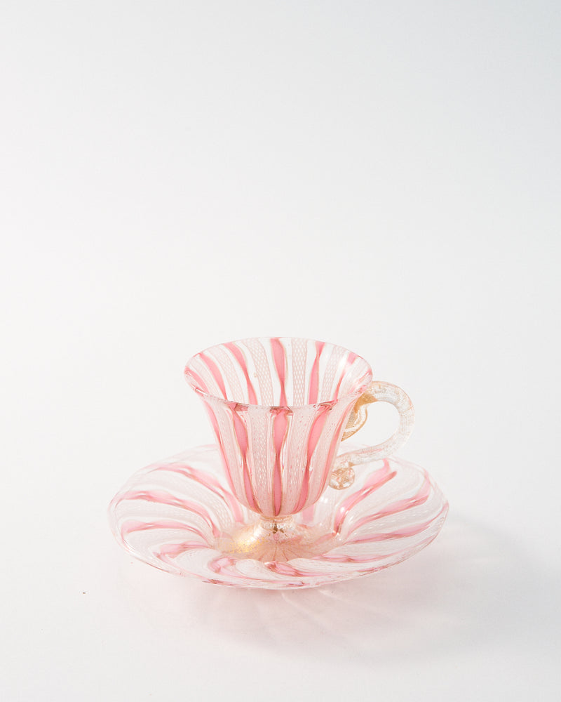 1960s Murano Pink Ribbon/White Latticino Teacup Set
