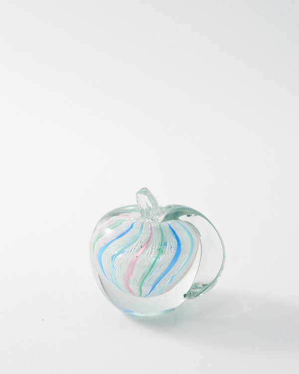 1960s Murano Pastel Ribbon/White Latticino Apple Paperweight