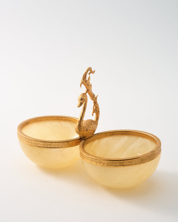 1960s Butter Cream Alabaster Twin Bowls with Brass Swan Handle