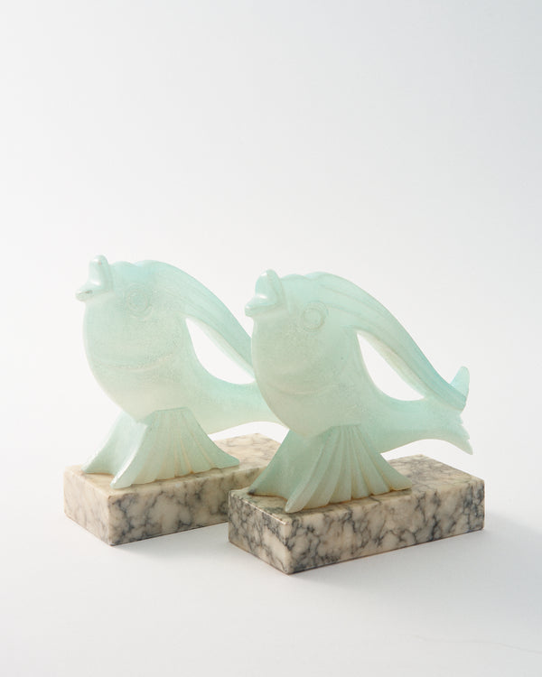 1970s Italian Celadon Green Fish Alabaster/Marble Bookend Set