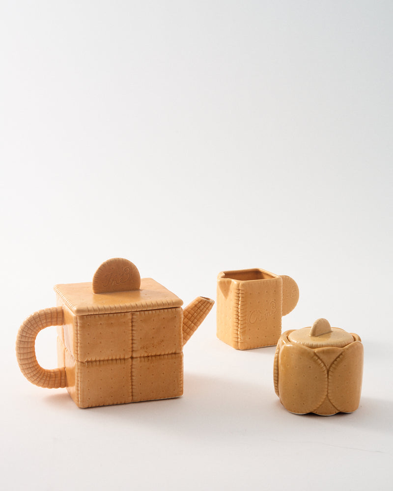 1970s Japanese Cracker Tea Pot, Creamer, and Sugar Bowl