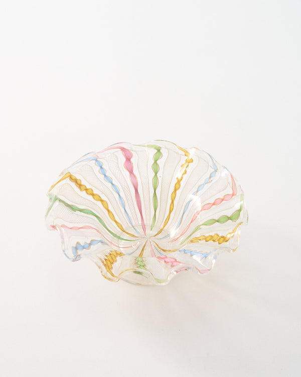 1960s Murano Twisted Pastel Ribbons/White Latticino Dish Medium Size