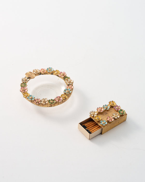 1960s Gold Tone Metal/Glass/Enamel Floral Ashtray & Matchbox  Set