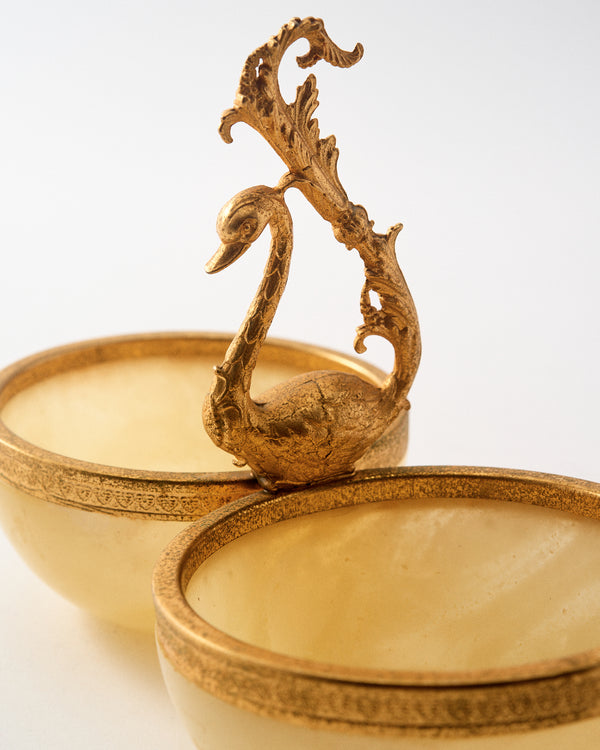 1960s Butter Cream Alabaster Twin Bowls with Brass Swan Handle