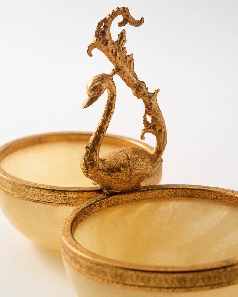 1960s Butter Cream Alabaster Twin Bowls with Brass Swan Handle