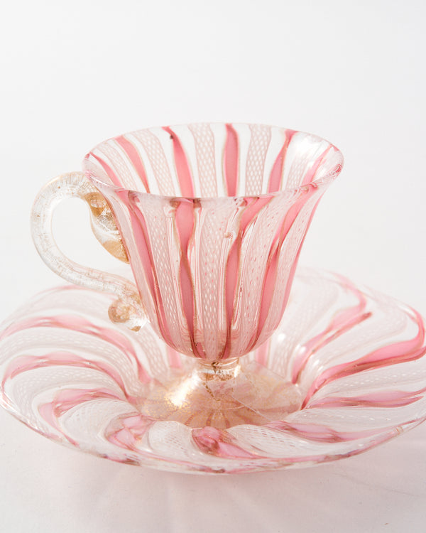 1960s Murano Pink Ribbon/White Latticino Teacup Set